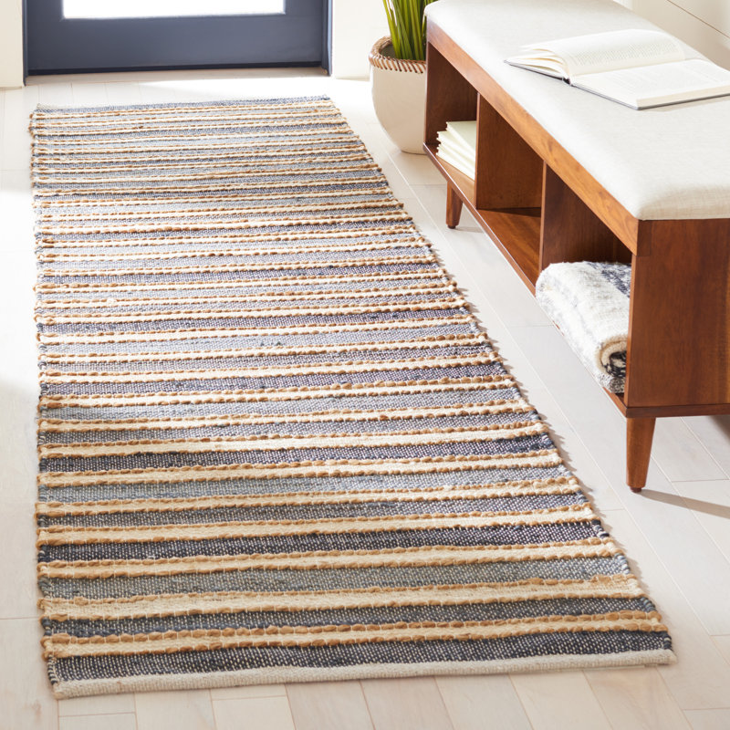 Wlikerson Hand Woven Jute/Cotton/Wool Striped Rug in Charcoal/Ivory, Runner 2'3" x 8'