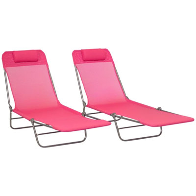 2 Pack Pink Folding Chaise Lounge Chairs, 5-Position Reclining Mesh Sun Lounger with Headrest for Patio Beach Yard