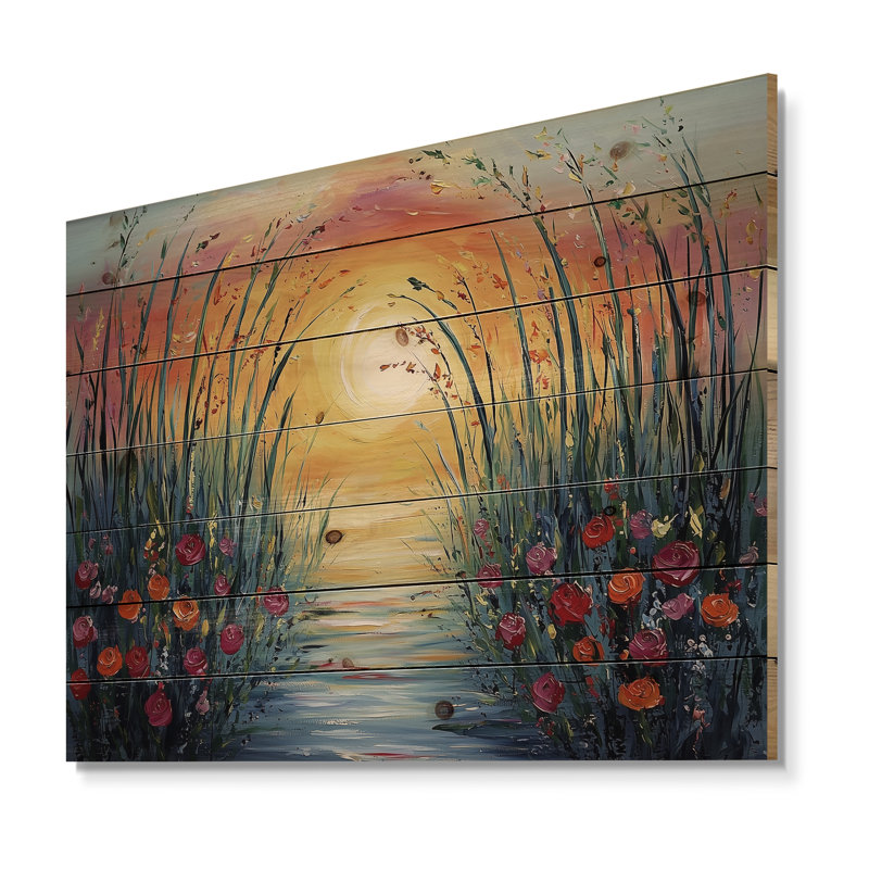 Sunset Wildflowers Blossoms In The Wild III - Bamboo Wood Print - On Natural Pine Wood, 24" H x 32" W x 0.78" D