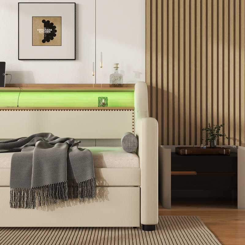 Twin Size Daybed With Trundle, Upholstered Daybed With Charging Station And LED Lights, Beige, Beige