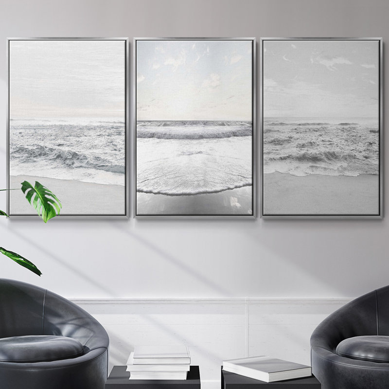 Ensemble de 3 pièces encadrées sur toile «Gentle Tides II», H 27 po x l 54 po, Argent