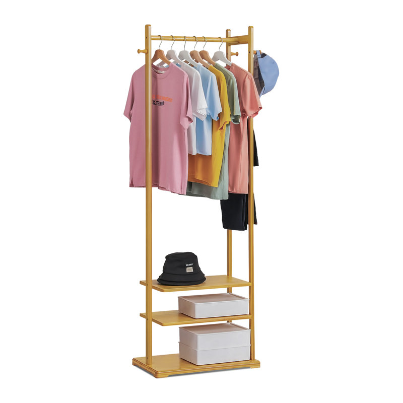 Portemanteau à 3 niveaux, garde-robe ouverte avec tringle, porte-chapeaux en bambou