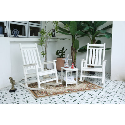 All Weather Rocking Chair Set With Side Table, 3-Piece Rocking Chair Set With Wood-Texture (Includes 2 Rocking Chairs And 1 Table)