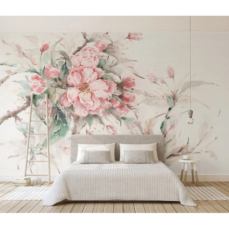 Papier peint amovible floral avec aquarelle rose, L 9 po x l 15 po