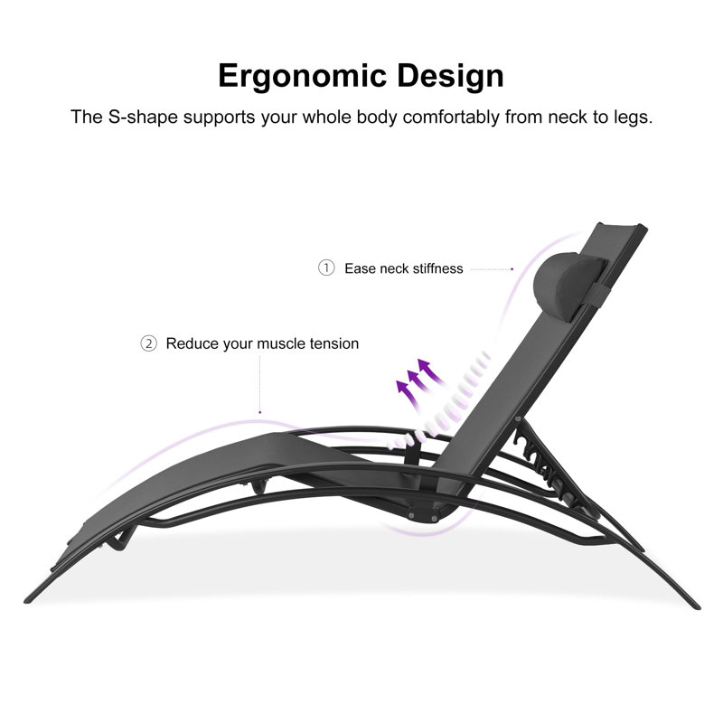 Ensemble de chaise longue d'extérieur en aluminium 3 pièces avec table d'appoint, Noir, noir, noir, noir