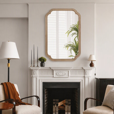 24"x36" Rounded‑Corner Solid‑Wood‑Frame Decorative Wall Mirror, Natural Wood Finish, for Bedroom, Bathroom, Living Room & Entryway