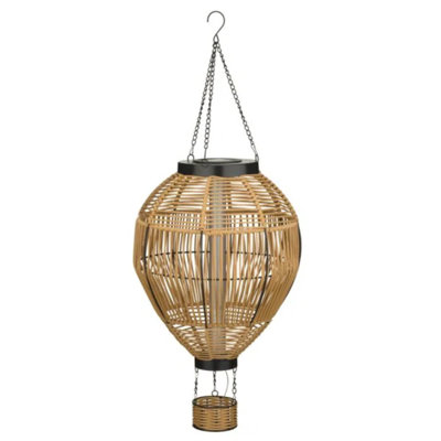 Lanterne solaire à montgolfière suspendue en osier avec panneaux de verre et cadre en métal