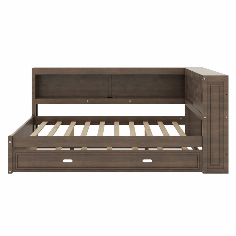 Lit de jour en bois avec tablettes de rangement, USB, DEL et lit gigogne, Bois antique