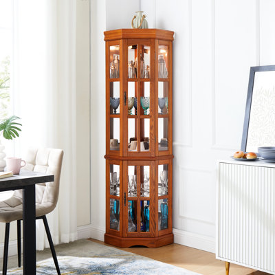 Vitrine de coin en chêne avec 5 tablettes et éclairage à 5 tablettes de couleur chêne