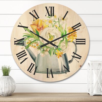 Roses Peonies and Marigolds in Garden Watering Can Wood Wall Clock -  East Urban Home, FA26AF6003D04D098283091FEAAF2359