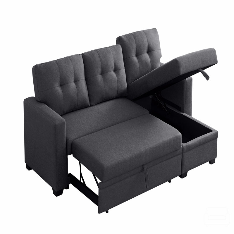 Convertible Upholstered Sectional Sofa with Pull-out Chaise, Dark Gray Linen, Right Hand Facing