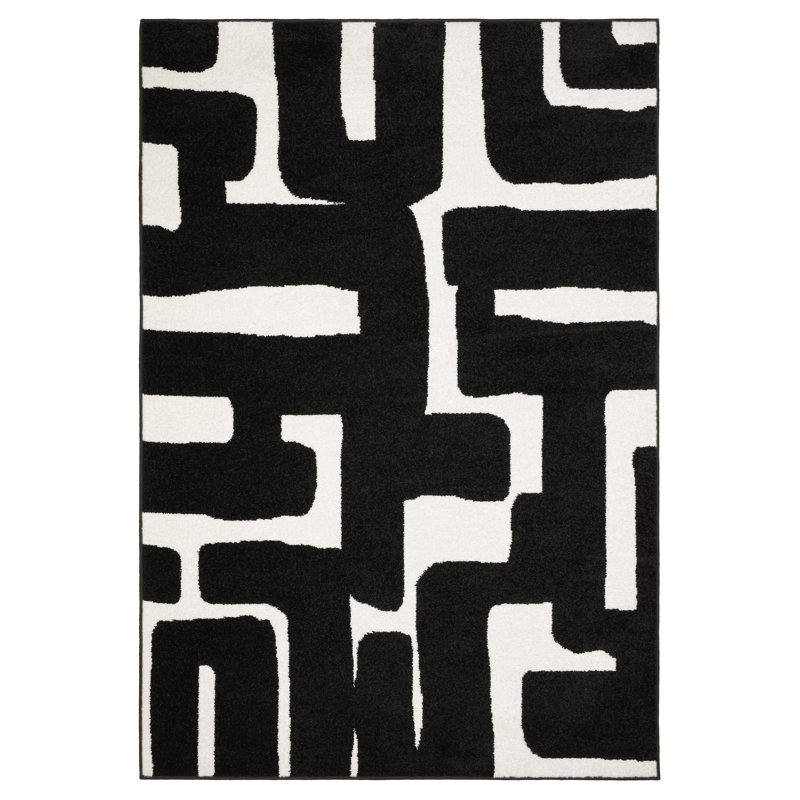 Hennings Abstract Maze Black/ Off-white Area Rug, Rectangle 5'3" x 7'