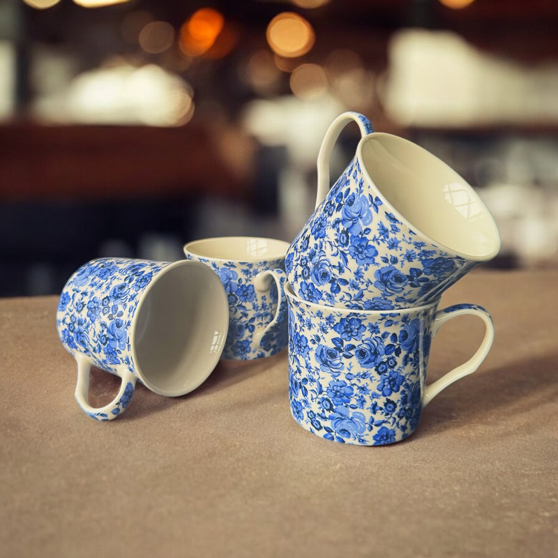 Reactive Glaze Ceramic Coffee Mug Set of 4 with Floral Design Pattern