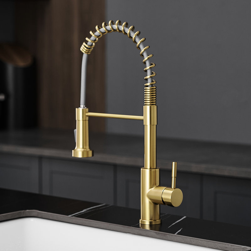Robinet de cuisine contemporain en or brossé, escamotable, en acier inoxydable, pivotant à 360 ° pour une commodité classique à poignée simple, jet aéré et jet puissant