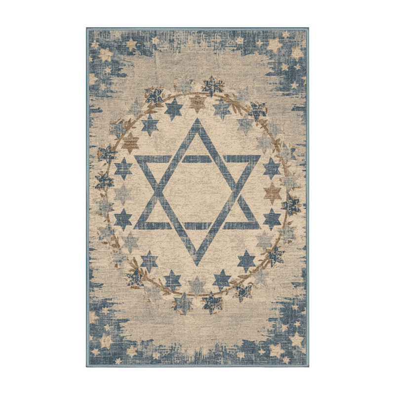 Tapis abstrait moderne et contemporain lavable à la machine de couleur Hanoukka en beige - reliure bleu ciel, 7 x 9