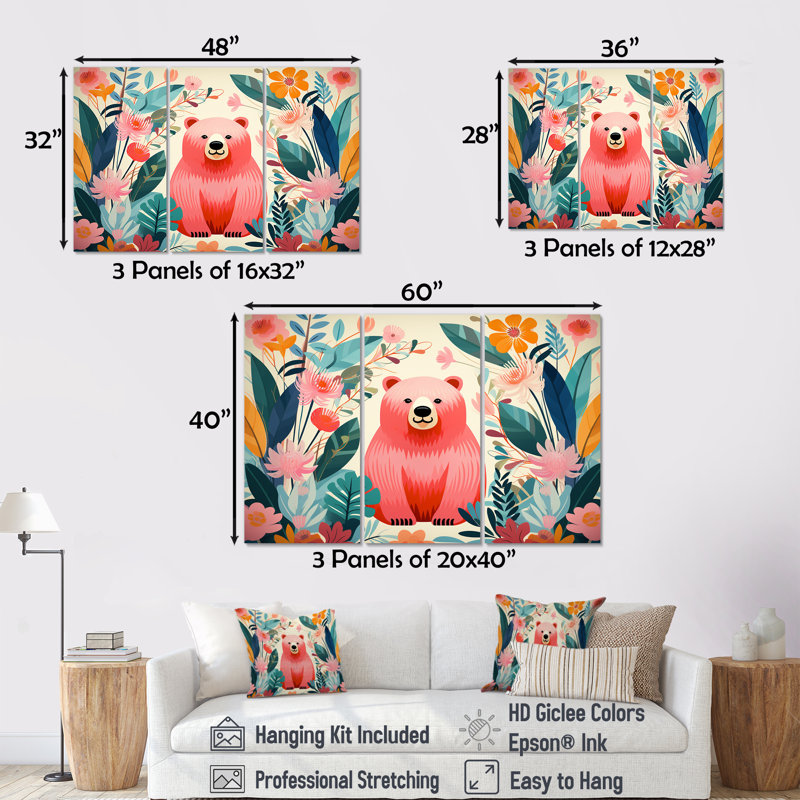 «Pink Tropical Bear Harmony I - Bear 2», art mural, Toile tendue, H 32 po x l 48 po