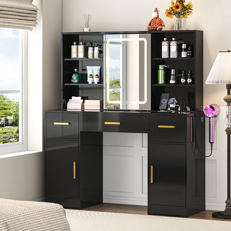 Vanity Desk With Sliding Mirror & Led Lights, 7 Open Storage Space, 3 Drawers & 2 Cabinets Large Makeup Vanity, Dressing Table With Charging Station, Hairdryer Holder, Bedroom Make Up Table