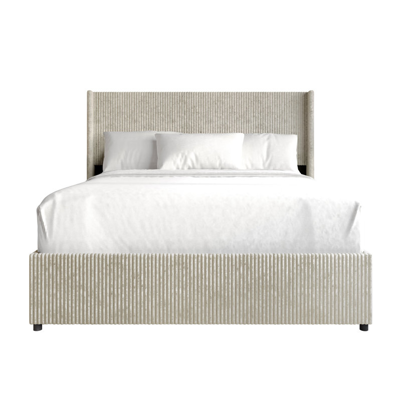 QUEEN SIZE WINGBACK PLATFORM LIFT UP STORAGE BED IN BEIGE VELVET, BEIGE, QUEEN