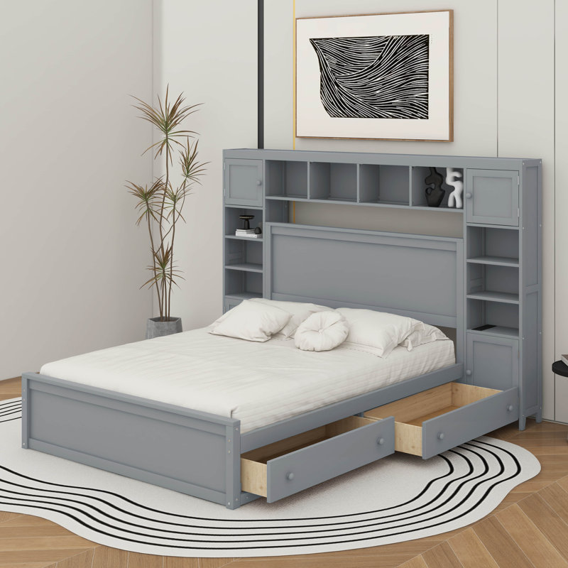 Grand lit en bois avec armoire, tablette et prises, Gris