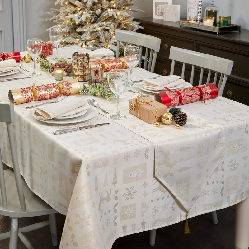 Christmas Tablecloth Christmas Theme Embossed Design, 52cm W x 228cm L, Cream/Metallic Gold