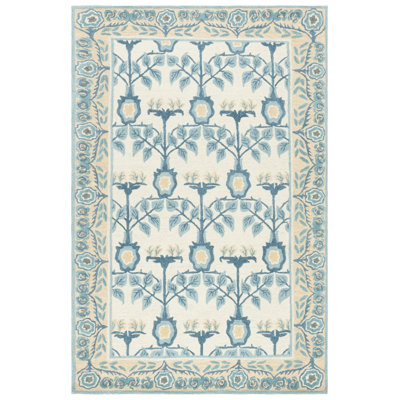 Ivory Blue Hand-Tufted Floral Wool Rug