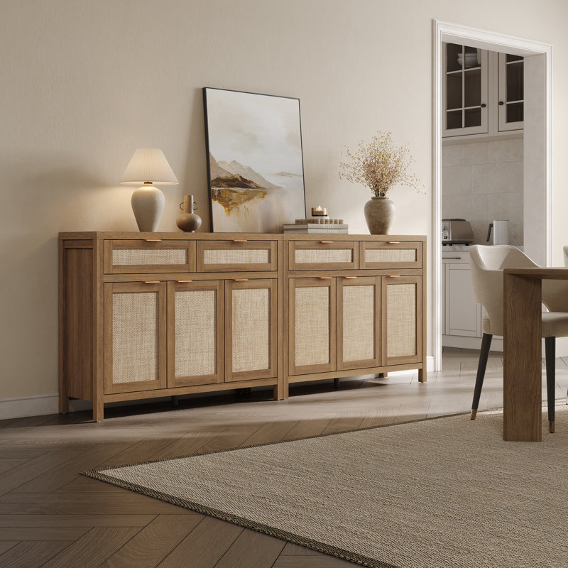 Buffet en rotin à 2 tiroirs et 3 portes l 43,39 po avec tablettes réglables, Chêne caramel