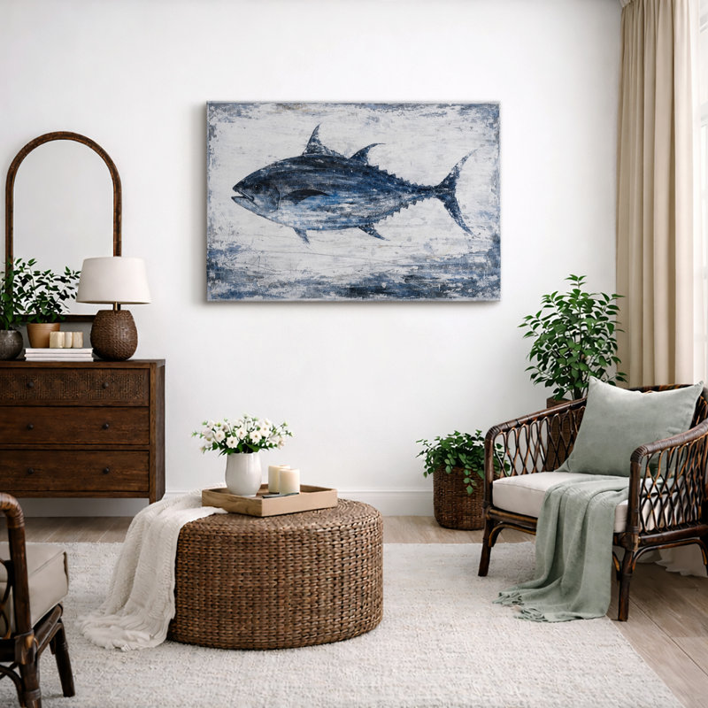 Blue Tuna Fish Artwork, Coastal Marine Life Living Room Pictures, Framed Canvas Giclee Print Wall Art, 16" H x 24" W x 1.5" D