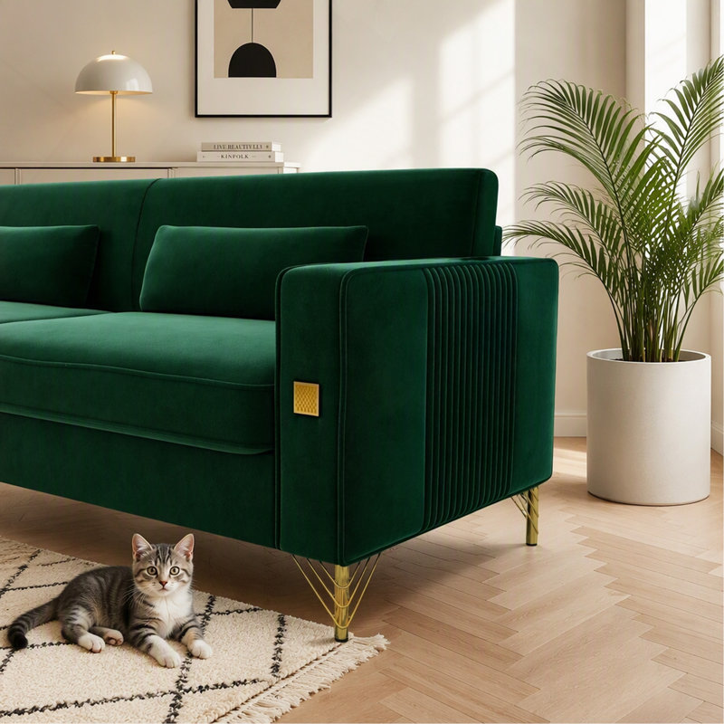 Canapé moderne 3 places en velours avec pieds en métal doré, canapé capitonné vert émeraude de luxe, canapé rembourré de style milieu du siècle pour salon, appartement, bureau