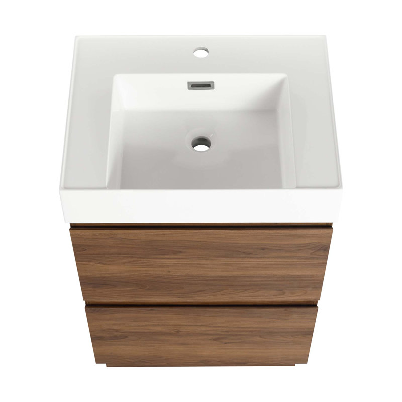 Meuble-lavabo moderne avec lavabo simple encastré et 2 tiroirs, Brun