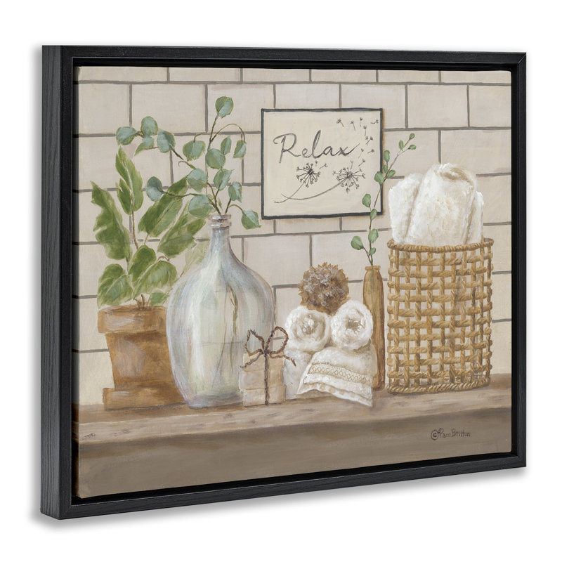 «Uplifting Bathroom Spa Relax Scene», art mural encadré sur toile flottante par Pam Britton, Cadre flottant noir de jais