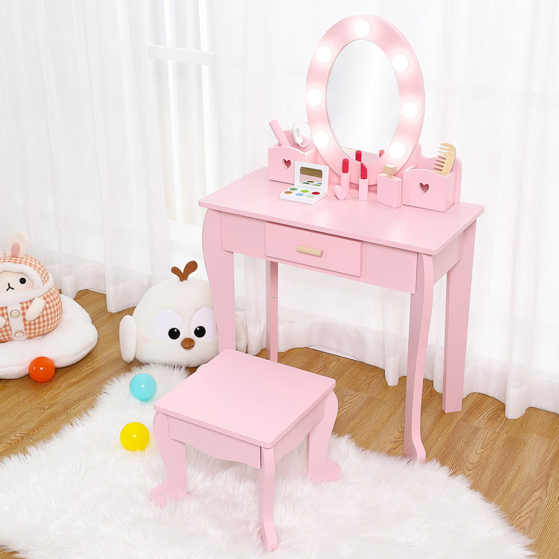 Ensemble de coiffeuse pour enfants avec miroir et table de maquillage légère et ensemble de coiffeuse et tabouret en bois