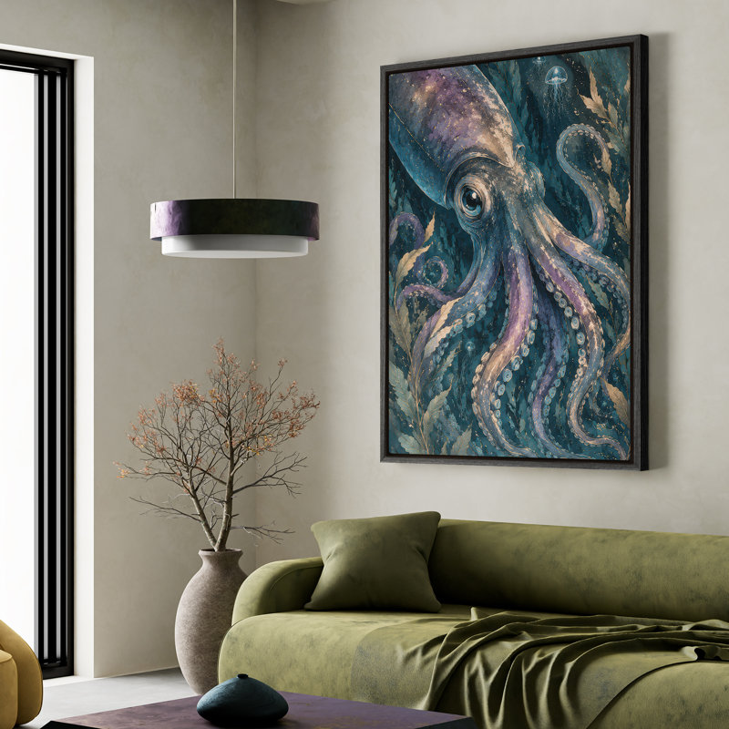Art mural encadré sur toile - calmar sous-marin et scène de méduse - 16 po x 24 po, 24 po x 36 po, 36" H x 24" W, Black