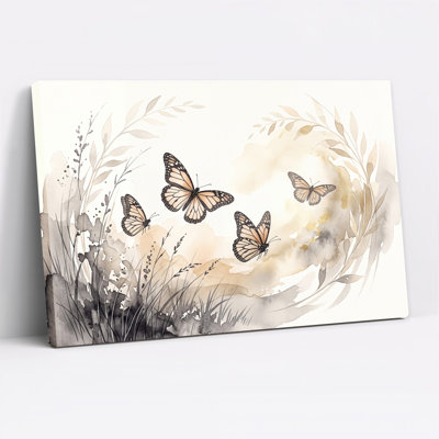 Monarch Butterflies In Beige And Gold Watercolor Canvas Wall Art