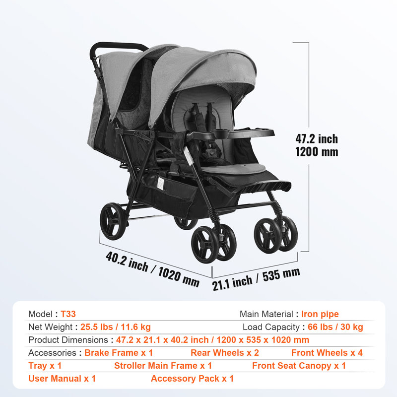 Double Stroller Foldable Lightweight Twin Tandem Stroller Black, Black/Grey