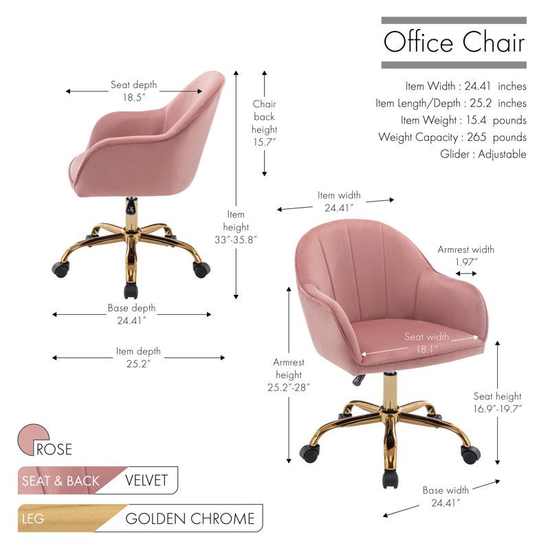Edgar Velvet Office Chair with Gold Chrome Base, Rose