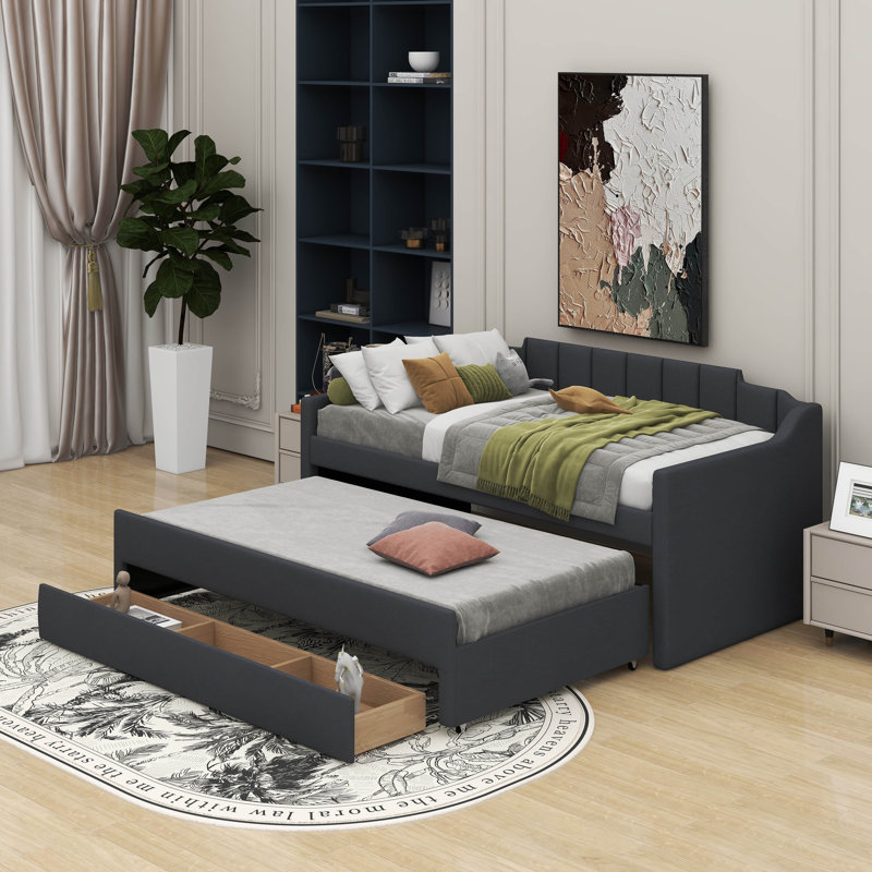 Twin Upholstered Daybed With Trundle And Drawers, Gray