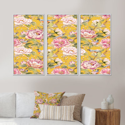 Roses roses chinoises sur fond jaune - ensemble de 3 toiles encadrées