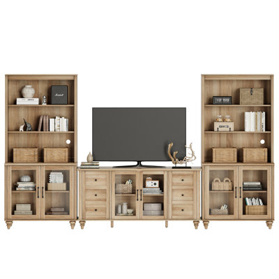 Entertainment Center With Bookshelves With Glass Doors, Farmhouse Wall Unit TV Stand For Tvs Up To, Media Console Table For Living Room, Bedroom & Hom by Rosalind Wheeler