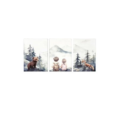 Frère et sœur, ours et renard brun, art mural, aquarelle, montagne, affiches, impressions pour salle de classe, 3 pièces 16 x 24