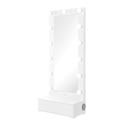 White Narrow Tall Mirror With Speaker And Drawer