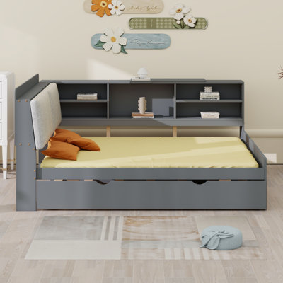 Platform Bed With Trundle, Shelves And Storage Headboard