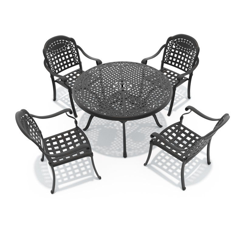 Ensemble repas extérieur pour 4 personnes avec coussin de couleur bleue, 5 pièces: table, 4 chaises