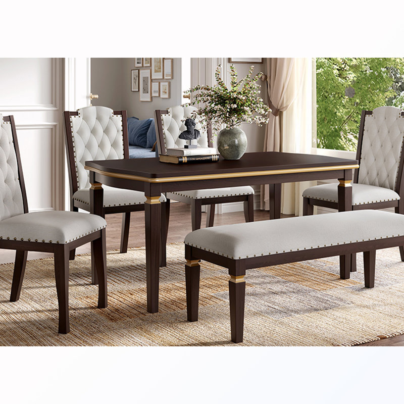 Ensemble de table de salle à manger 6 pièces avec 4 chaises capitonnées et 1 banc, Espresso, Espresso, Espresso&Beige