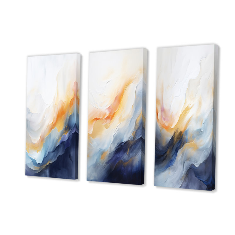 Tempête de marbre bleu et jaune I - ensemble de 3 reproductions d'art sur toile, Toile tendue, H 32 po x l 48 po