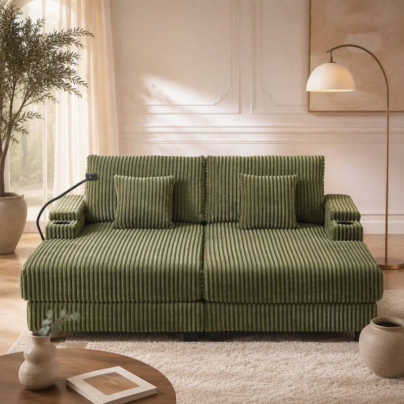Canapé moderne avec méridienne 75,5 po Canapé-lit avec dossier réglable, porte-gobelets, porte-téléphone et compartiments de rangement pour le salon, vert