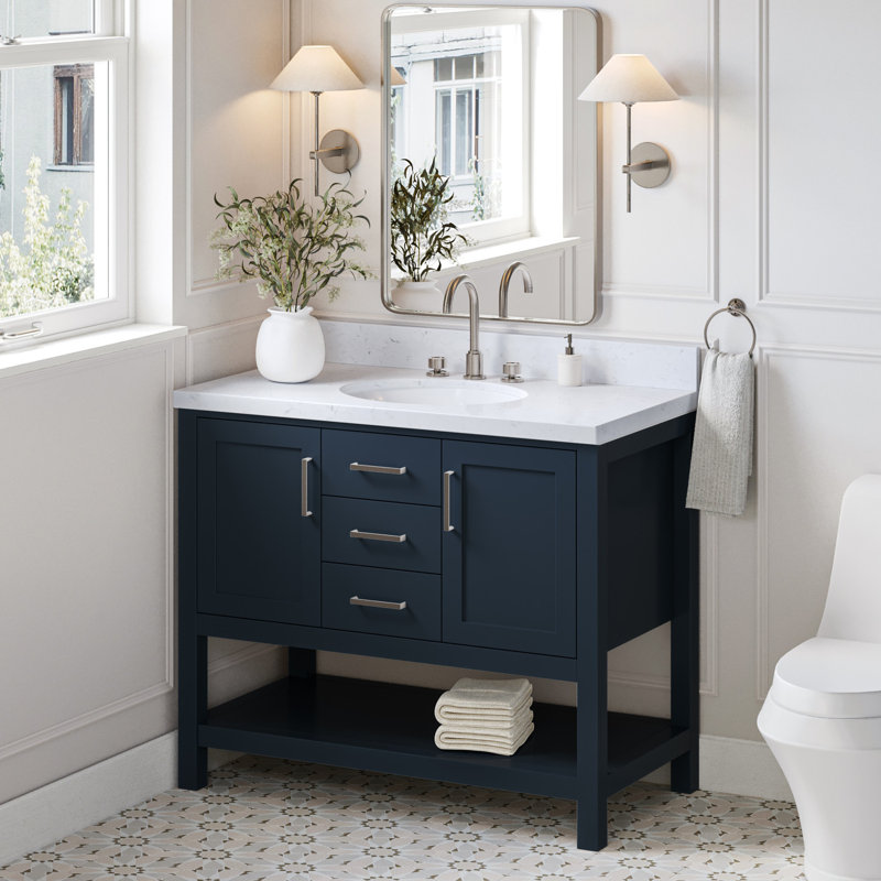 Single Bathroom Vanity with Carrara Quartz Top, Midnight Blue, 54"