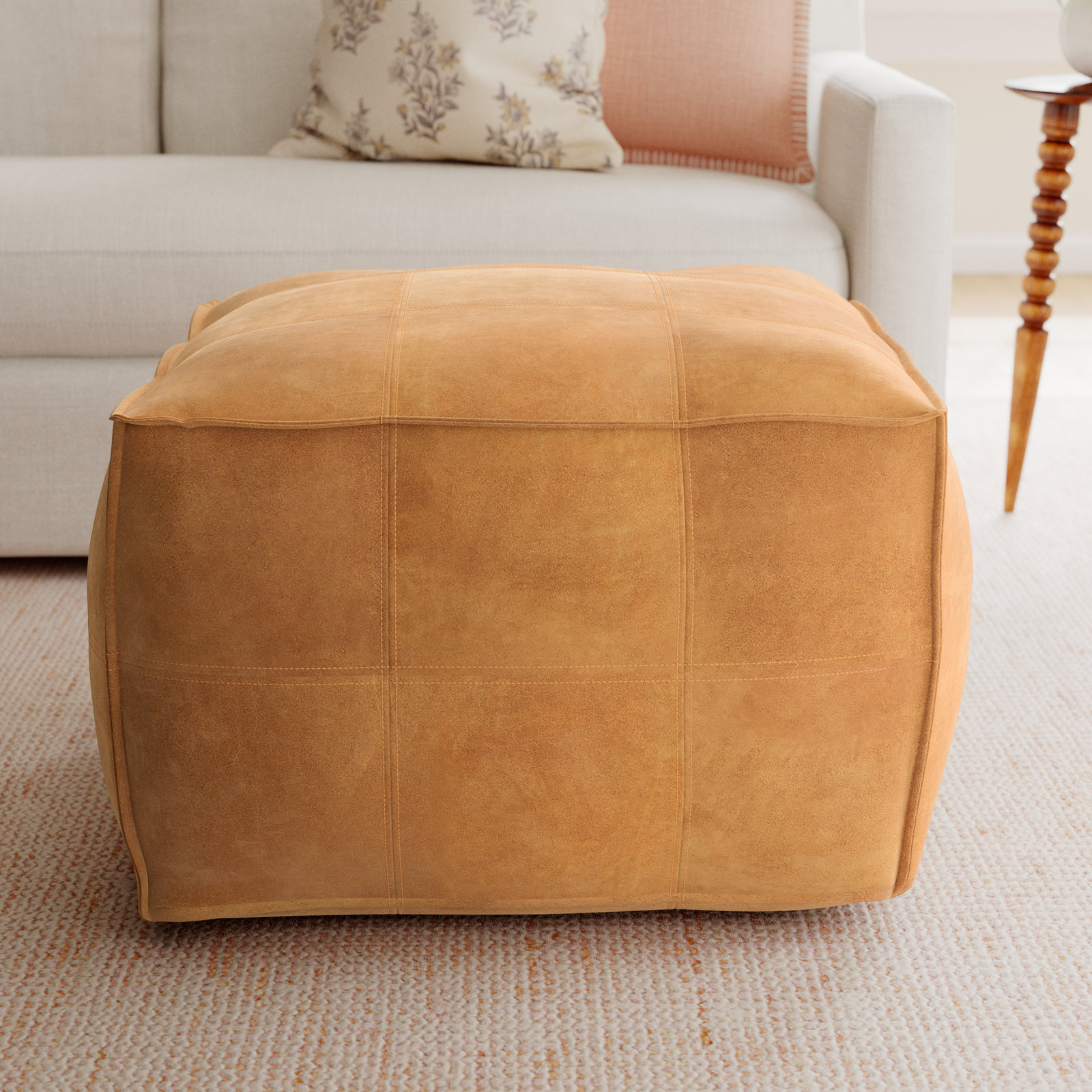 Shara 28" Genuine Leather Pouffe, Brown Genuine Leather