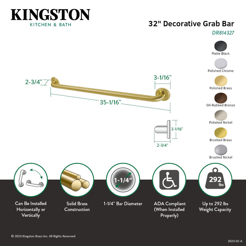 Kingston Brass Laurel 1-1/4 Inch O.D Grab Bar, 32" W, Polished Brass