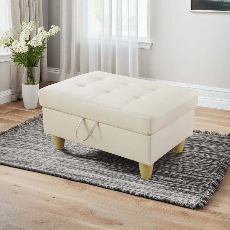 Faux Leather Ottoman, White Faux Leather, Beige