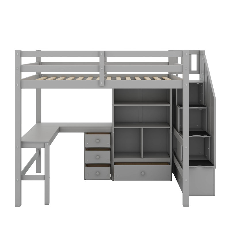 Lit mezzanine double avec bureau et tiroirs, Gris